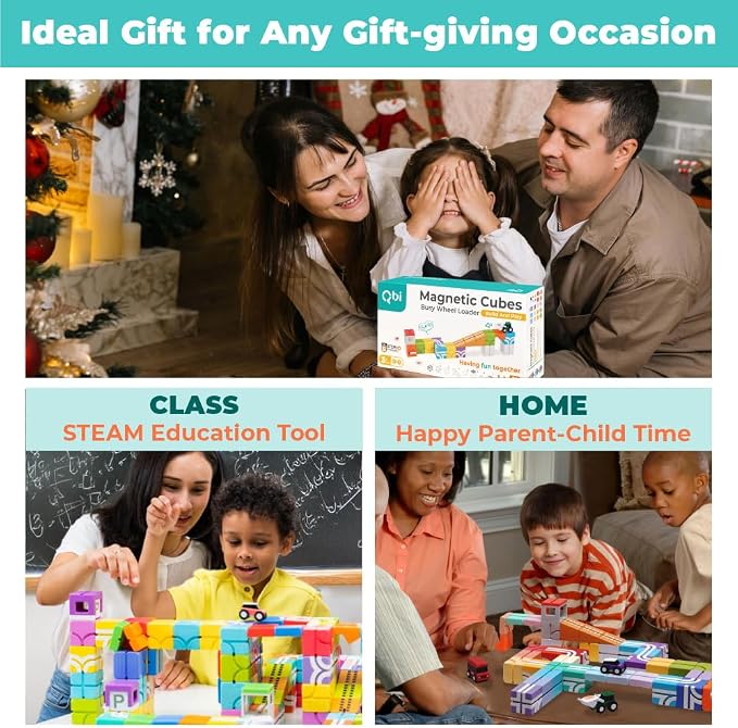 QBI Magnetic Blocks for Toddlers Ages 3+ | STEM Magnetic Block Tracks with Wheel Bulldozer & Tiles | 3D Colorful Magnet Building Blocks for Boys & Girls | Early Learning Sensory Toy – 21 Pieces