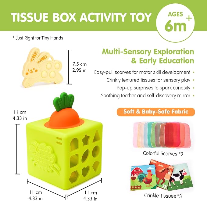 hahaland Silicone Baby Tissue Box Toy - Baby Toys 6-12 Months Montessori Toys for 6 Month Old Babies, 6-in-1 Soft Busy Activity Cube with Scarves, Crinkle, Textures, Mirror, Sensory Popper 9 Month Old