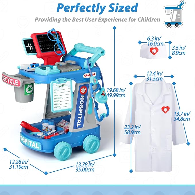Liberry Doctor Kit for Toddlers Ages 3 4 5, Pretend Kids Doctor Playset with Cart, Costume and Stethoscope, Role Play Medical Toys Birthday Gift for Girls Boys (Green)