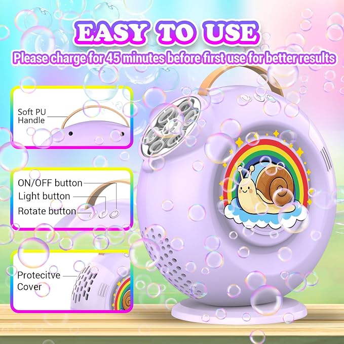 Rechargeable Bubble Machine - 15000+ Bubbles/min - 90°/360° Rotatable LED Blower for Kids Parties (Twilight Purple)