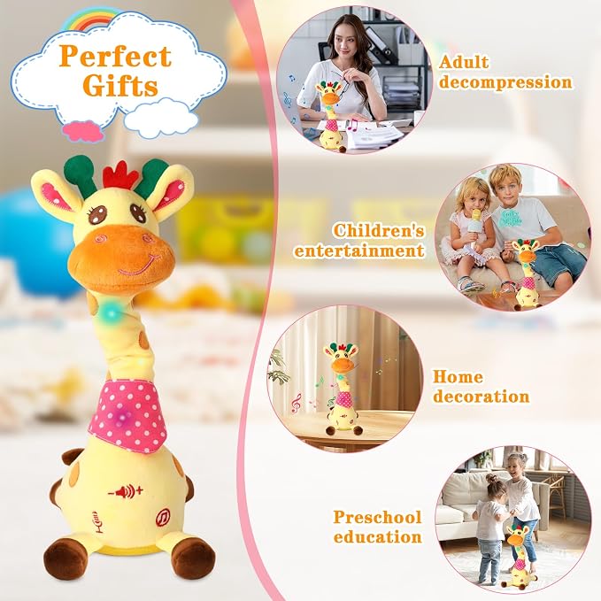 Dancing Talking Giraffe Toy, Stuffed Animal Baby Toy Repeating What You Say, Glowing Musical Giraffe Gifts for Toddlers 1-3 Years Old, for Kids (Giraffe)