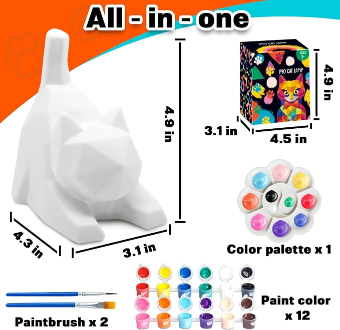 FUNZBO 4.3in Paint Your Own Cat Lamp Kit - Arts and Crafts Supplies Painting for Kids Teens, DIY Night Light Toy for Girls Boys Age 3 4 5 6 7 8 9 10 11 12 13 Birthday Gifts