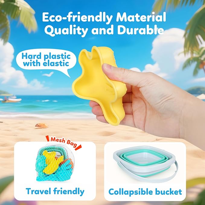 GKDOMS Kids Beach Toys Set with Collapsible Bucket, Sand Molds, Sand Rake and Shovel, Travel Sand Toys Sandplayset for Ages 2-6 (Single Multi)