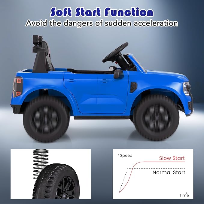 Licensed Ford Ranger Ride on Pickup Truck by INFANS, 12V Battery Powered Electric Vehicle for Kids with Remote Control, Headlight, Power Display, Bluetooth, MP3, Music, Aged 3-6 Years (Blue)
