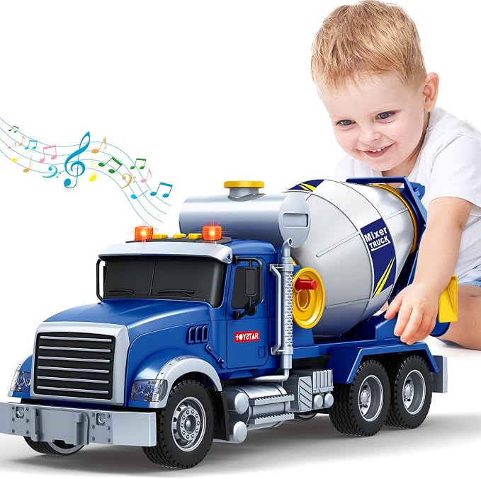Bstoyder Kids Toys for 3 4 5 6 7 8 Years Old Boys, 15" Large Cement Mixer Truck Toy with Lights, Sounds, Blue Toddler Friction Powered Truck Vehicle Toy for Boys Girls Christmas Birthday Gifts