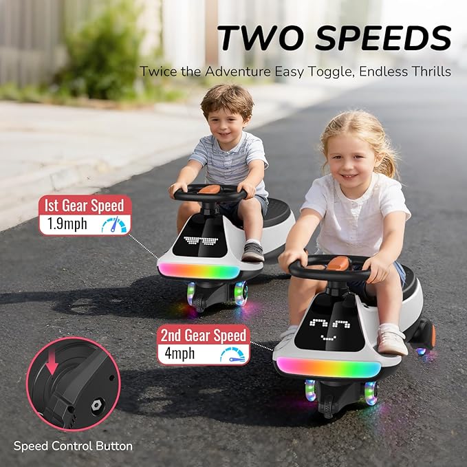 Umatoll 12V Electric Wiggle Car for Kids with Pedal, Display, Rechargeable Battery, LED Light, Bluetooth, Light-Up Wheels, Anti-Rollover, 2 Speeds, Ride on Toys, Birthday Gifts for Age 3+, 150Lbs