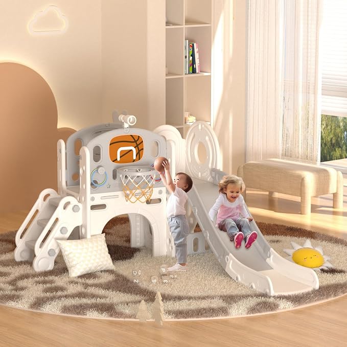 XJD 8 in 1 Toddler Slide Set, Kids Slide for Toddlers Age 1+, Climber Slide PlaySet with Basketball Hoop and Ball,Outdoor Indoor Playground for Toddlers 1-3 (Beige Grey, 8 in 1)