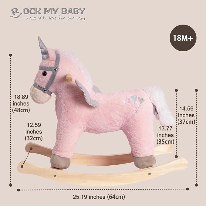 Rock My Baby Rocking Horse, Pink Unicorn/Pony Animal Rocker with Realistic Sound Plush Stuffed Rocking Horses for Toddlers 18M+, CPC Certified