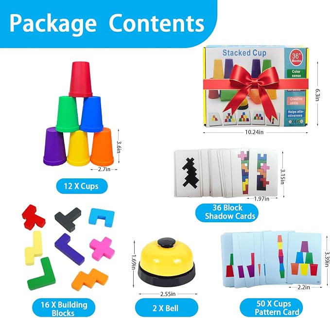 Cup Stacking Game Set with Cards and Bell, Quick Stack Speed Game + Building Blocks Puzzle 2-in-1, Family Party Game for Kids Ages 3-8, STEM Educational Toy 48 Pieces