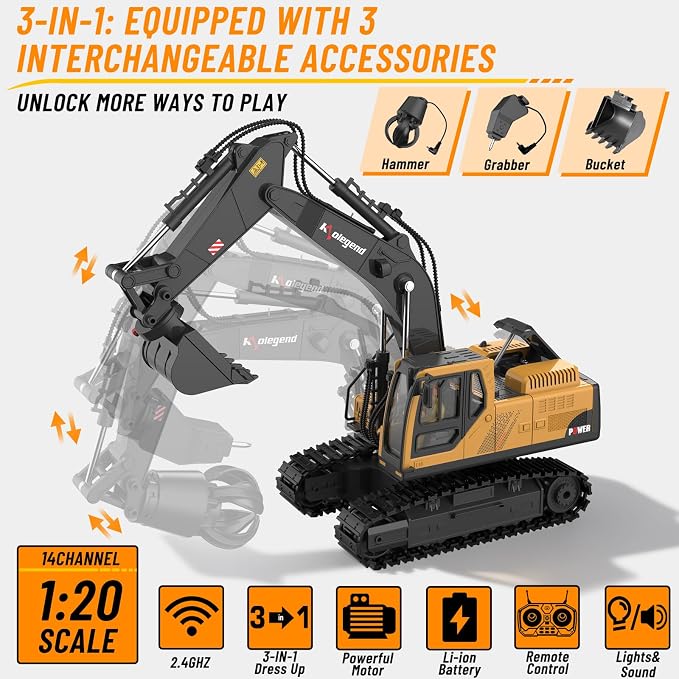 kolegend 3 in 1 Remote Control Excavator Toy 14 Channel RC Excavator Toy for Boys 3-12 with Bucket/Claw/Drill 2.4GHz Full Functional Construction Vehicles Toys Gift for 6 7 8 9 10 Years Old Kids Boys
