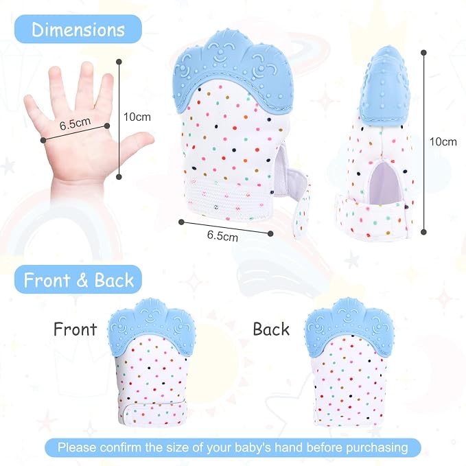 2Pack Silicone Teething Mitt, Soothing Infant Teething Mitten Pain Relief, Prevent Scratches Glove, Safe Silicone Teething Toys for 0-12 Months Blue