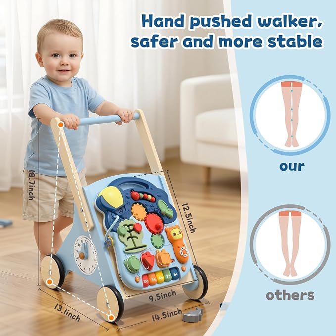2 in 1 Wooden Baby Walker and Activity Center for Girls Boys Sit-to-Stand Learning Toy Kids Montessori Educational Push Toys with Music Detachable Busy Keyboard for Toddlers Blue