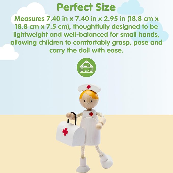 PlanToys® Wooden Nurse Doll | Poseable 1:12 Scale Character Figure for Dollhouse Play, Caregiving & Social Interaction | Eco Friendly Montessori Pretend Play Figure