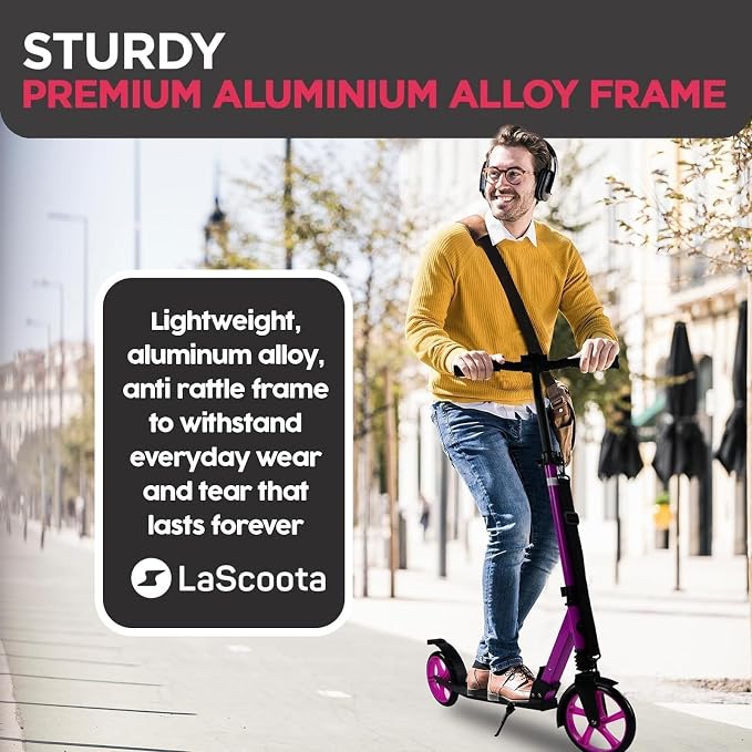 LaScoota Kick Scooter for Kids Ages 6+, Teens & Adults, Large 8" Sturdy Urethane Wheels. Adjustable Handlebar, Lightweight, Foldable, 220lbs Max Load