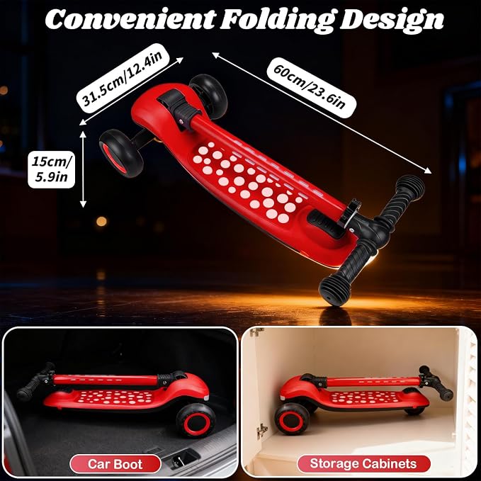 Light Up 3 Wheel Kick Scooter for Kids Toddlers with LED Sync Lights, Flashing Stem & Wide Polka Dot Deck Adjustable Height Music Function Safe Sturdy Folding Scooter for Kids