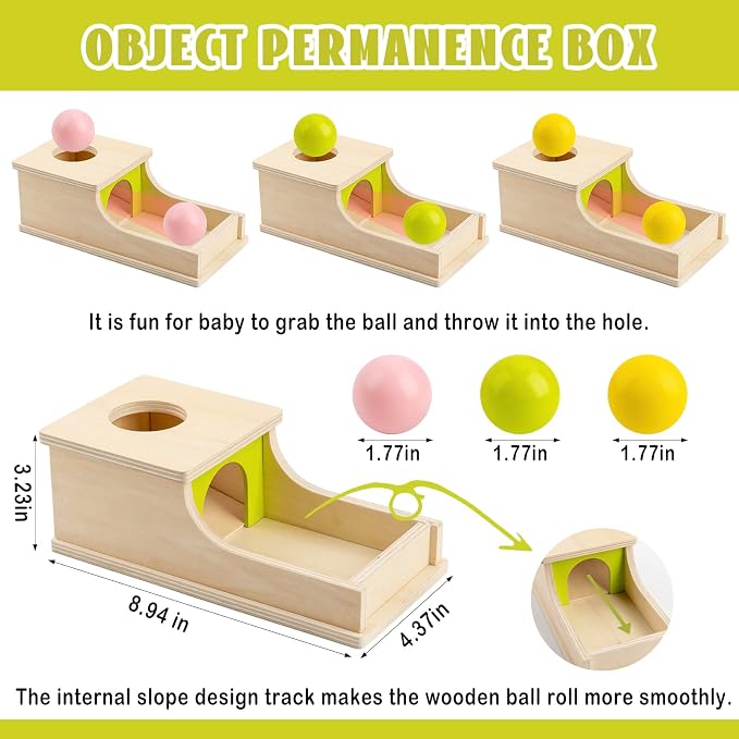 Montessori Toys for 6 Month Old, Wooden Object Permanence Box with Tray Three Balls, 8 Month Old Baby Toys, Preschool Infant Toys 6-12 Months Developmental, Cause and Effect Ball Drop Toy