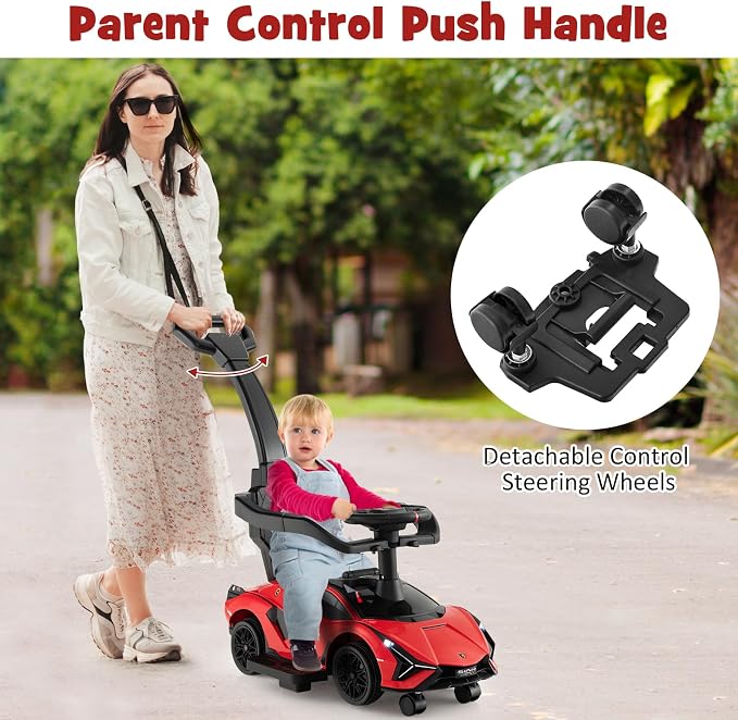 INFANS 3 in 1 Ride on Push Car, Licensed Lamborghini Baby Stroller Sliding Walking Car with Parent Control Handle, Music, USB, Headlight, Under Seat Storage, Foot-to-Floor Toy for 18-60 Months (Red)