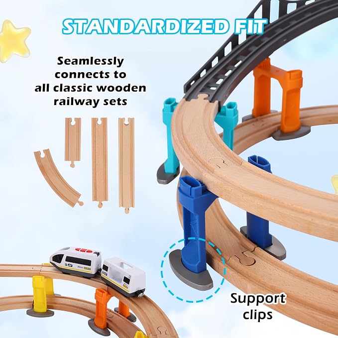 60Pcs Wooden Train Track Set, 203-inch Track Length, Train Bridge Toy Set for Toddlers, Scenario Building Blocks Toddler Toys with Airplane and Magnetic Crane, Birthday Gift Ideas for Boys and Girls