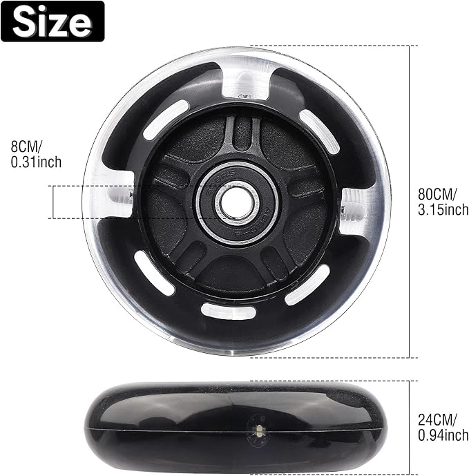 Rear 80mm Light Up White Flashing 3-Wheeled Kid Scooter Replacement Wheels for Kid Push Kick Scooter, 2-Pack (Black)