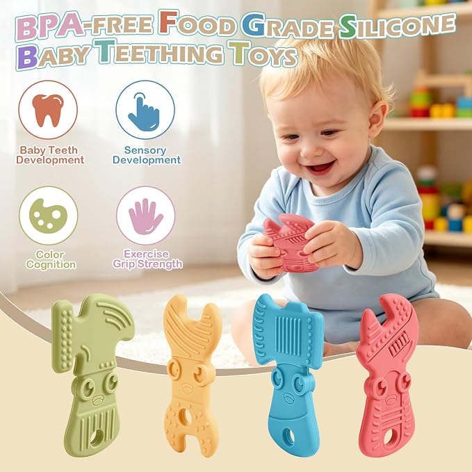 TYRY.HU Baby Teething Toys for Babies 0-6 Months 6-12 Months, BPA Free Silicone Baby Molar Teether Chew Toys, Hammer Wrench Spanner Pliers for Boys Girls, Soft-Textured, Easy to Hold & Clean, Cute