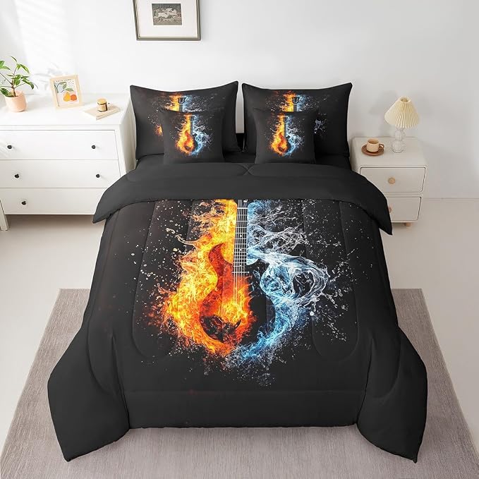Feelyou Guitar Comforter Set with Sheets King Size Rock Music Bed in a Bag for Boys Girls Teens Dull Black 7 Pieces Bedding Set Soft Lightweight Microfiber