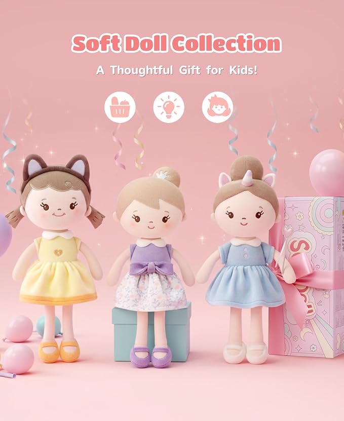 GAGAKU Soft Plush Baby Doll for Girls, Purple Skirt, 12" | My First Baby Doll Gift, Machine Washable, Rag Doll Toy, For Toddlers & Infants