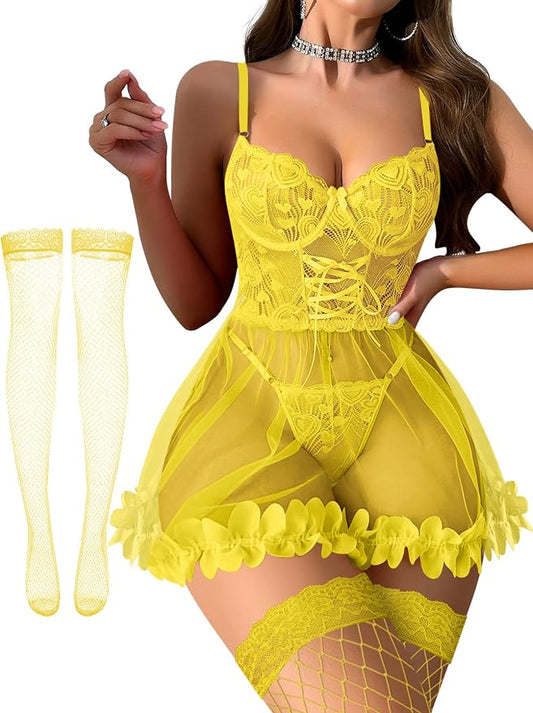 Foxiny Sexy Ruffle Floral Skirt Underwire Mesh Sheer Lace Babydoll Lingerie Dress with Thong 2 Piece
