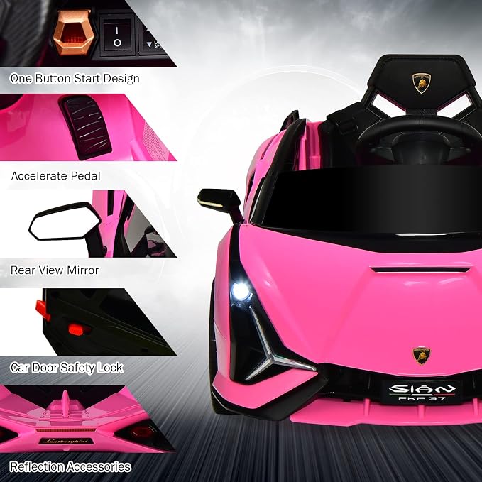 INFANS 12V Licensed Lamborghini Sian Kids Ride On Car with Parent Remote Control, Spring Suspension, MP3 Player, Electric Toy Roadster Carbon Fiber Textured for Toddler (Pink)