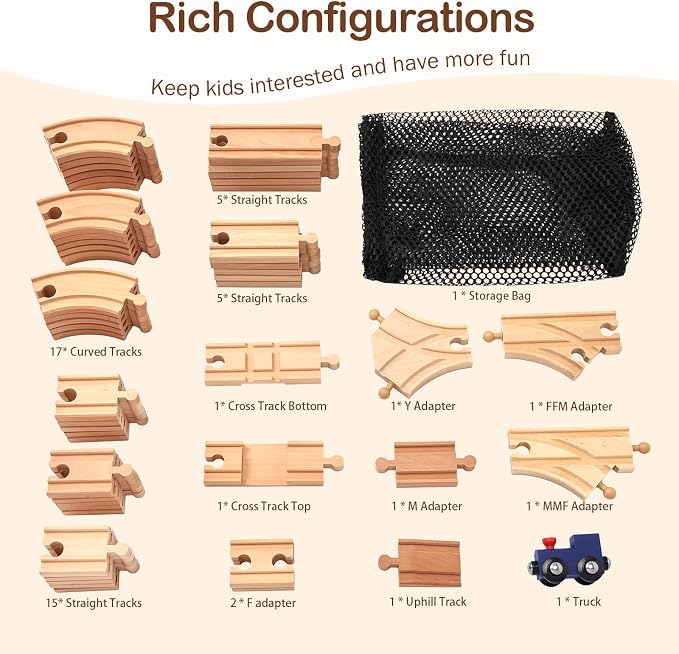 Wooden Train Track Set 53pcs, Wood Train Tracks Accessories Expansion Pack fits Melissa and Doug, fits Brio, fits Thomas, Montessori Toys, Birthday Gift for Boys Girls Toddler Kids (Train Track)