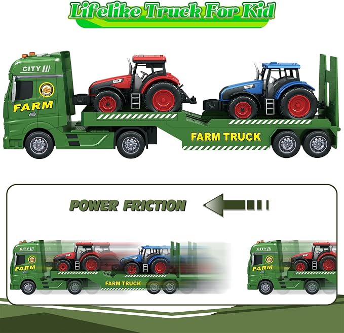 3-in-1 Farm Truck Toys for Kids Ages 3-6 – 25.6 Inch Extra-Large Inertia Semi Trailer with Lights & Sounds, Detachable Tractor and Light & Sound Farm Vehicle