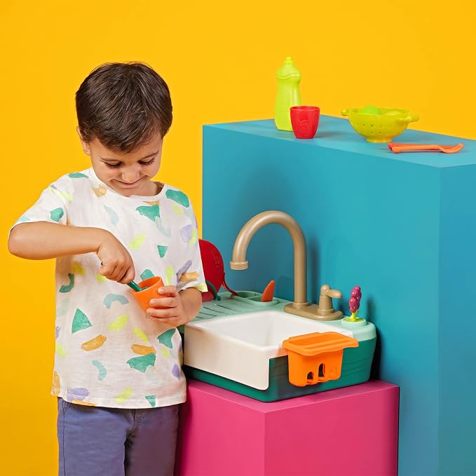 B. toys – Sink Play Set – Toy Kitchen Sink – Faucet & Running Water, Dishes, Play Food – Pretend Play Set for Kids – 3+ Years– Splash-n-Scrub Sink