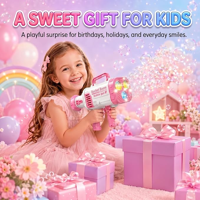 Pink LED Bubble Machine for Girls, High Output Bubble Blower | Pink LED bubble machine with high-output bubbles for backyard, pool, beach, and party fun, great gift for girls age 3+.