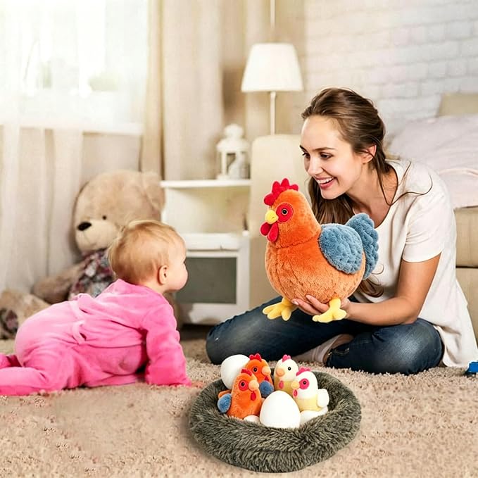 9 in 1 Chicken Stuffed Animal Set, Cute Stuffed Chicken Plush Toy Egg Laying Hen with Zipper and Baby Chicks Toy Chickens Eggs and Chicken Coop Toys for Kids Girls Boys Birthday Christmas Plush Gifts