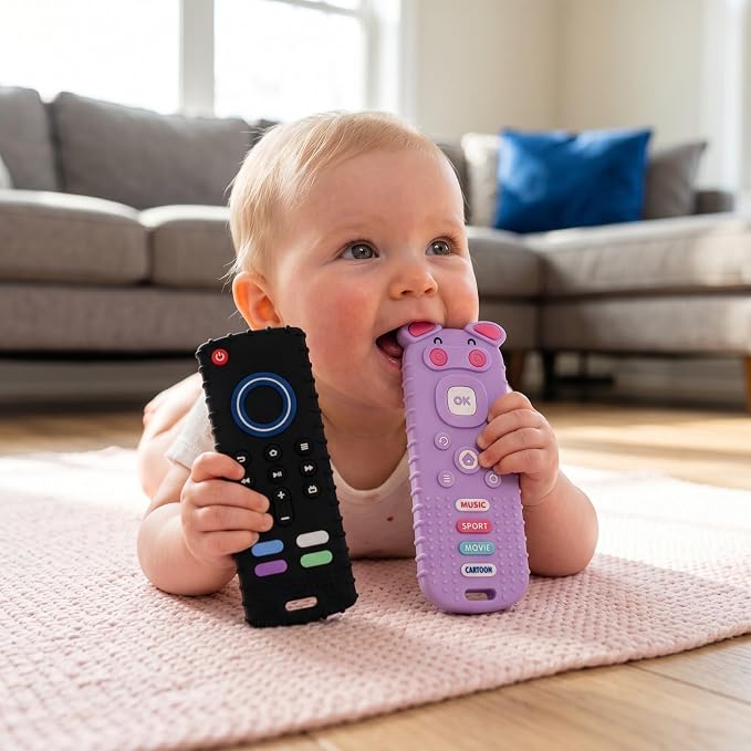 SOLIFEGOBLE 2 Pack Silicone Teething Toys, Cute Pig-Shaped Remote Control Style Teethers for Babies 6-18 18-24 Months, BPA-Free Soft Chew Toys for Teething Relief (Black+Purple)