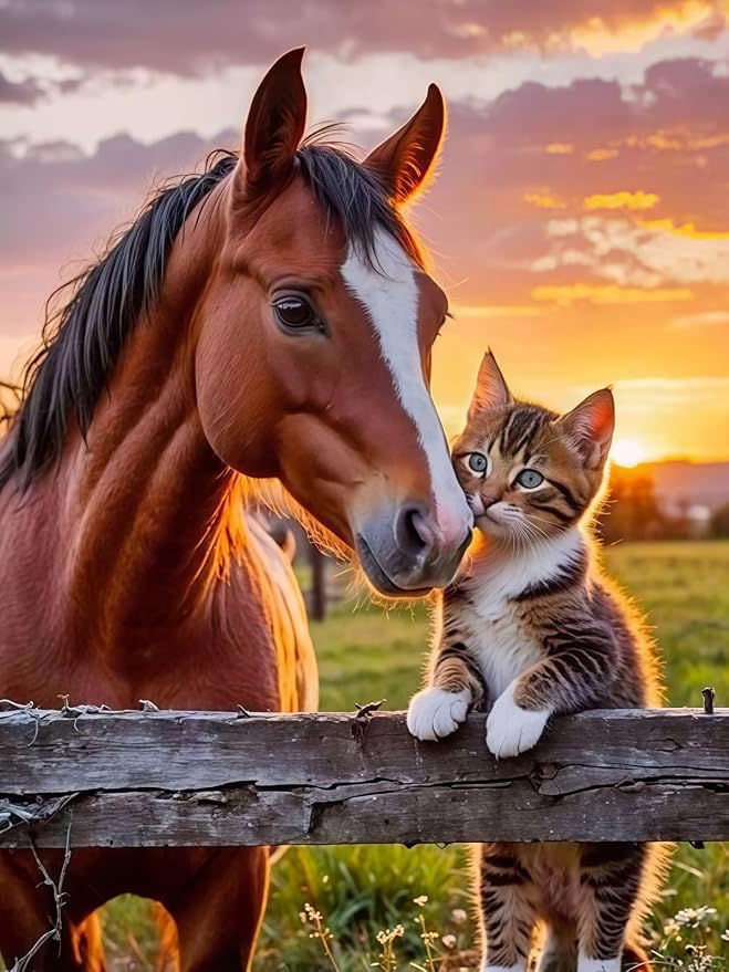 CHWGLFGG 5D Full Round Drill Diamond Painting Kit for Adults, Horse and Tabby Kitten Sunset Farm Diamond Art Canvas, DIY Paint by Diamonds Dot Gem Craft 12x16 Inch for Home Wall Decor