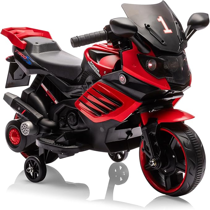 Garvee Kids 6V Ride On Motorcycle, Battery Powered Ride On Toys w/Treaded Tires, Working Headlight, Horn, Music, Training Wheels, Stable Electric Toddler Motorcycle for Kids, Gift for Boys Girls, Red