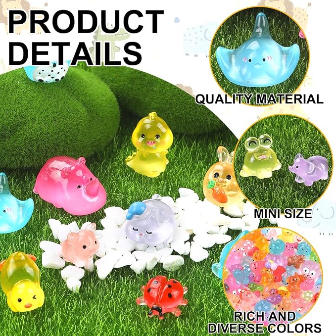 DIYDEC 206pcs Mini Luminous Resin Animals, Miniatures Glow in The Dark Toys Tiny Little Figures to Hide Small Duck Decor for Party Favors Bag Fillers Fairy Garden Dollhouse Accessories