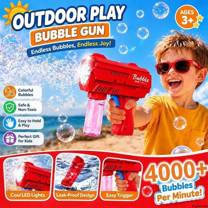 Bubble Gun for Kids 3-8, Automatic Bubble Blaster with LED Light & Refill Solution, Kids Bubble Machine Blower, Outdoor Toy for Birthday Party Wedding Easter Gift (Red)