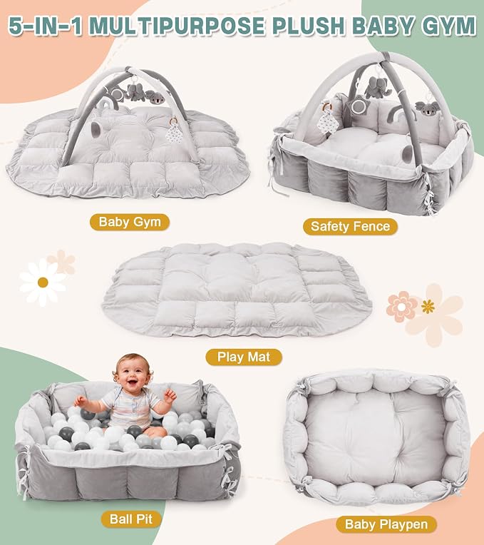 5-in-1 Baby Play Gym and Tummy Time Mat, 12 Learning Cards, Plush Activity Mat with 6 Toys, Baby Gym, Convertible to Ball Pit, Baby Gift, Grey