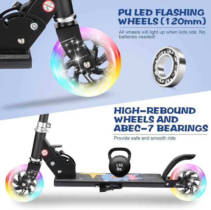Scooter for Kids Ages 3-12 - Kids Kick Scooters with Led Light Up Wheels & 3 Levels Adjustable Handlebar, Lightweight Foldable 2 Wheel Girly Pink Scooter Christmas Birthday for Girls Boys.