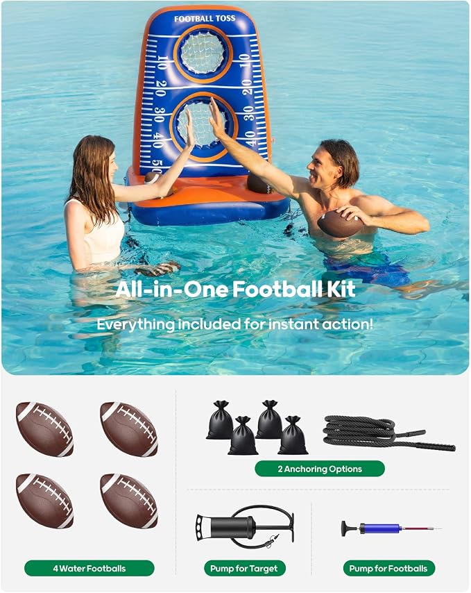 QPAU Inflatable Football Toss Game for Pool – Water Football Target with 4 Balls & 2 Pumps, Dual Net Design, Stable Base, Summer Pool Game for Kids & Adults (Blue+Orange)