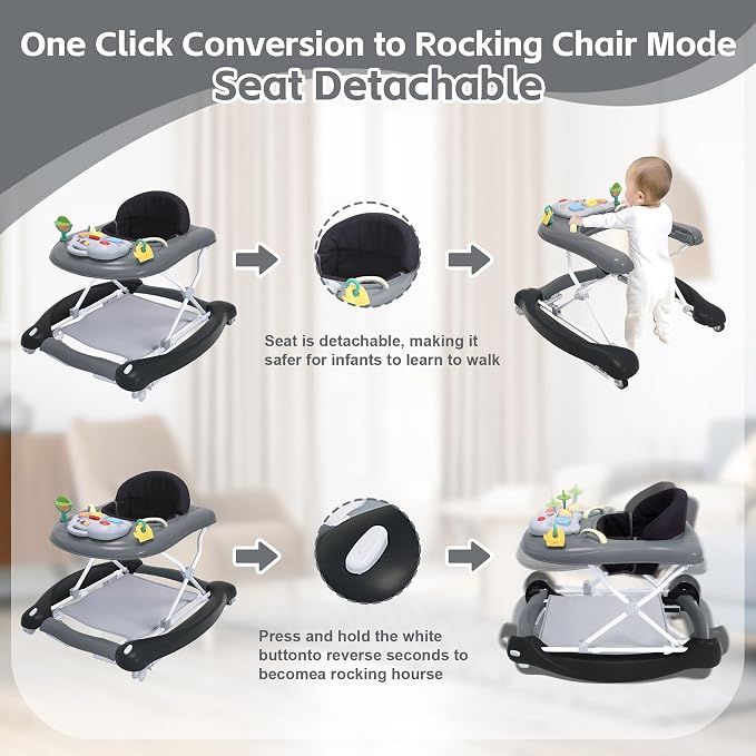 Foldable Baby 5-in-1 Activity Walker - Rocker, Activity Center, Bouncer, Seat Walker, Push Walker - Adjustable Speed Rear Wheels and Height Toys Ages 6-18 Months… (Black)