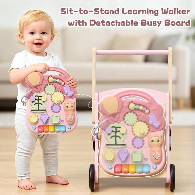 2 in 1 Wooden Baby Walker and Activity Center for Girls Boys Sit-to-Stand Learning Toy Kids Montessori Educational Push Toys with Music Detachable Busy Keyboard for Toddlers Pink