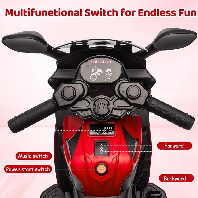 Garvee Kids 6V Ride On Motorcycle, Battery Powered Ride On Toys w/Treaded Tires, Working Headlight, Horn, Music, Training Wheels, Stable Electric Toddler Motorcycle for Kids, Gift for Boys Girls, Red