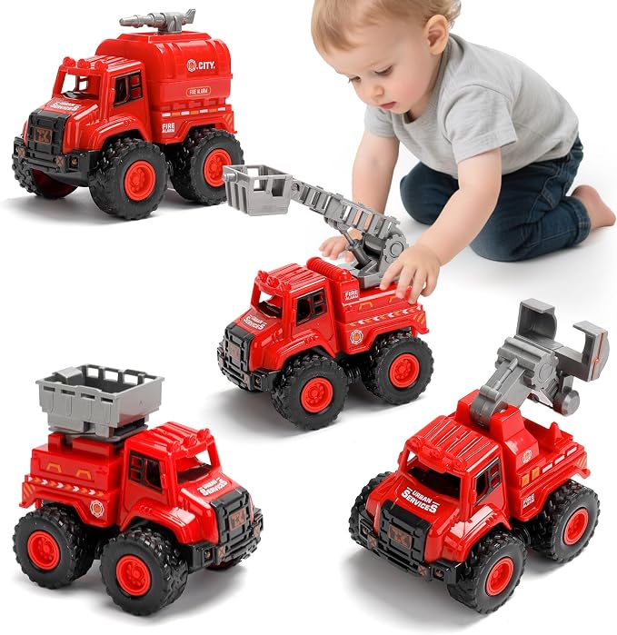 4 Pack Friction Powered Fire Truck Toys, Push and Go Emergency Vehicle Set with Ladder, Water Tank, Rescue & Drill Trucks, Durable Play Trucks for Toddlers 1-5, Gift for Boys Girls