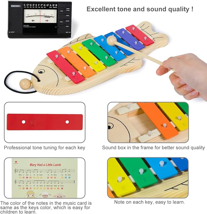 Xylophone for Baby Toddler Fish Shape Wooden Xylophone with 2 Mallets Educational & Preschool Learning Percussion Instrument Professional Tuning Musical Toys for Kids Aged 3+