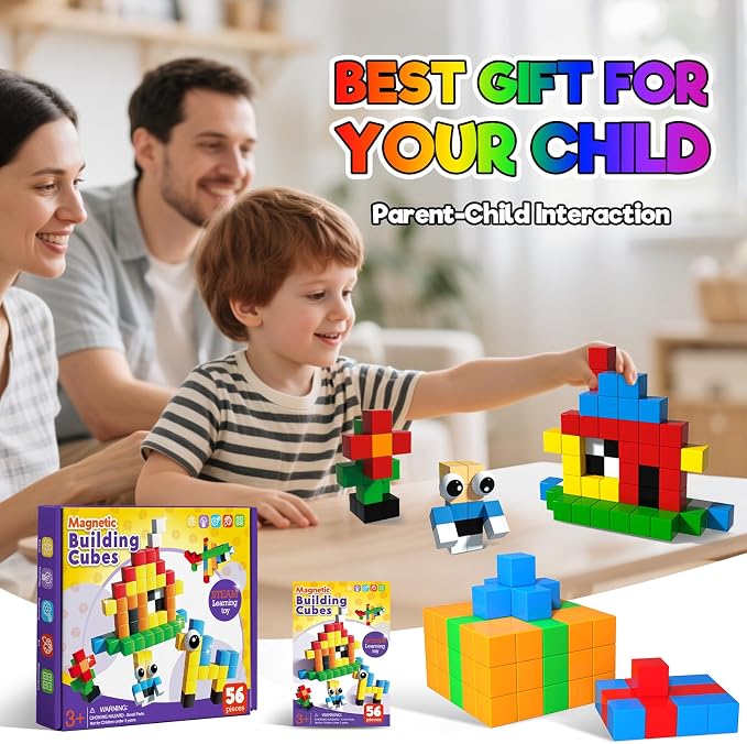 Annexfun 56PCS Magnetic Blocks for Toddlers,Magnetic Building Blocks Cubes,Montessori Preschool STEM Sensory Toys for Kids Ages 3+ Boys & Girls Birthday (1IN)