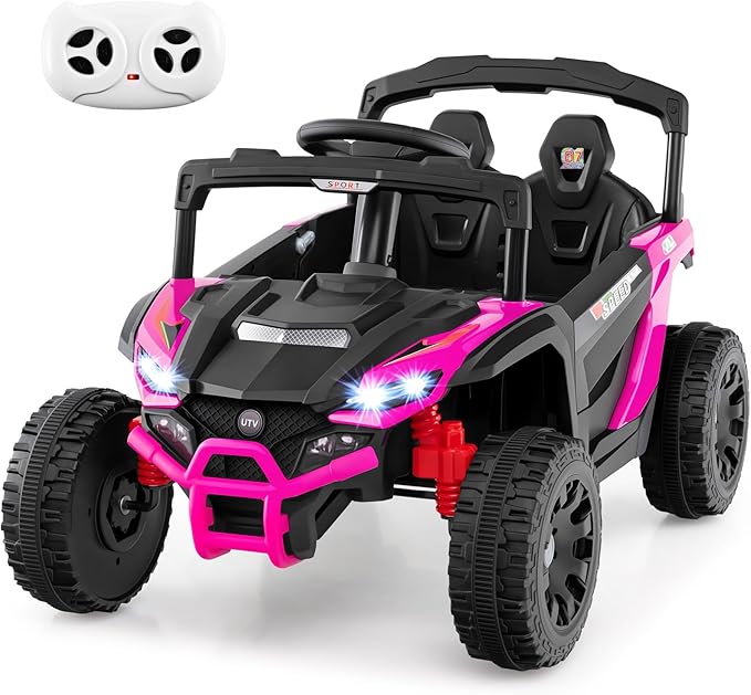 Costzon 12V Kids UTV Ride On Car, Battery Powered Electric Vehicle with Remote Control, 3 Speeds, LED Lights, Music, Horn & Spring Suspension, Off-Road UTV for Boys & Girls 3+ Years Old (Pink)