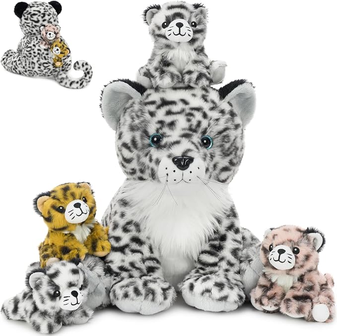 MorisMos Snow Leopard Stuffed Animal with Babies, 5-in-1 Plush Family, 14" Mommy Snow Leopard with 4 Baby Cubs, Soft Cuddly Big Cat Plush Toys Gifts for Kids Birthday Jungle Baby Shower Nursery Decor