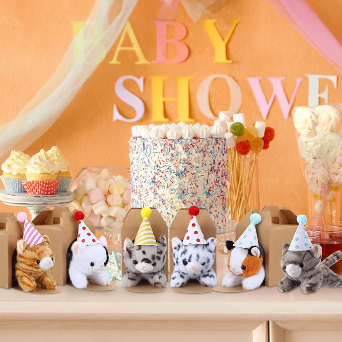 10 Set Kittens Stuffed Animals Bulk with 10 Birthday Hats 10 Kraft Paper Boxes Mini Plush Toys Small Stuffed Cat Pet Gifts for Kids, School Birthday Animal Decor(Prone Style)